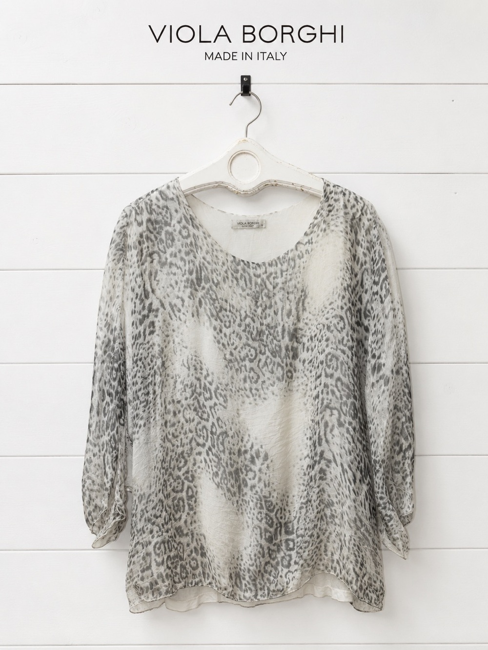 VIOLA BORGHI Gray Animal Print Silk-Feel Blouse Size 1X